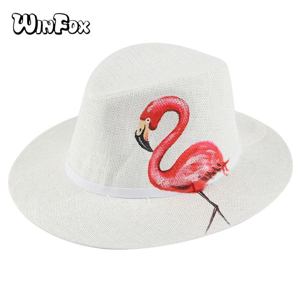 

winfox 2019 new fashion summer white flamingo handmade painted sun fedoras hats for womens ladies, Blue;gray