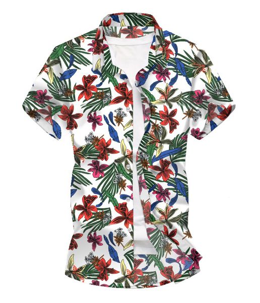 

2019 men's slim fit flower printed shirts male short sleeve floral shirt men basic casual plus size shirts 17 color, White;black