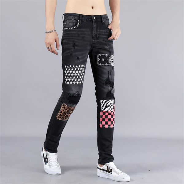

2020 mens biker jeans ripped slim fit patch/metal/star/pattern for men fashion all-match mens jeans, Blue