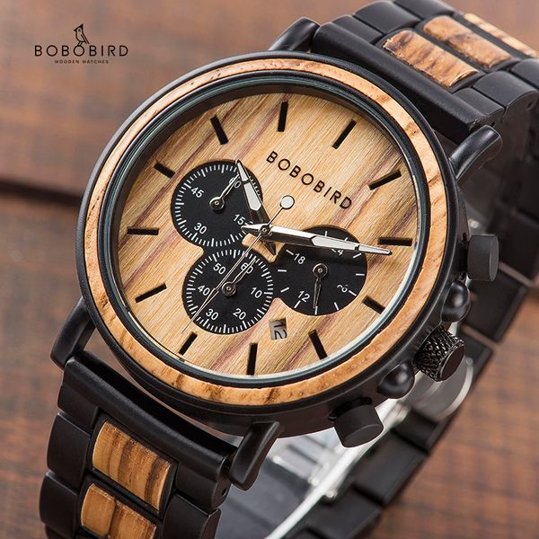 

bobo bird p09 wood and stainless steel watches mens chronograph wristwatches luminous hands swatch dropshipping, Slivery;brown