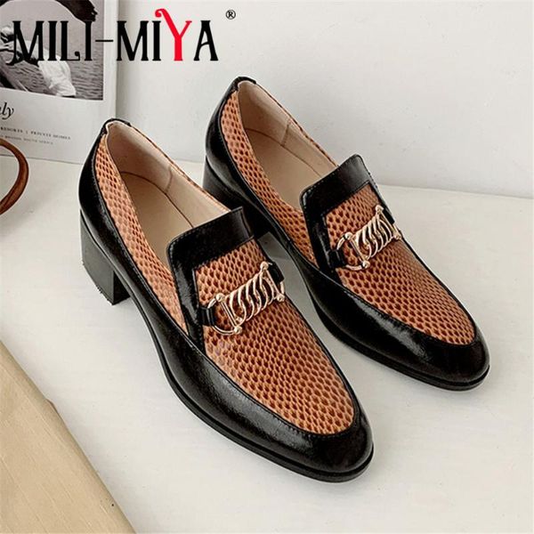 

mili-miya design women full genuine pumps metal decoration slip-on square heels round toe office&career spring autumn shoe, Black