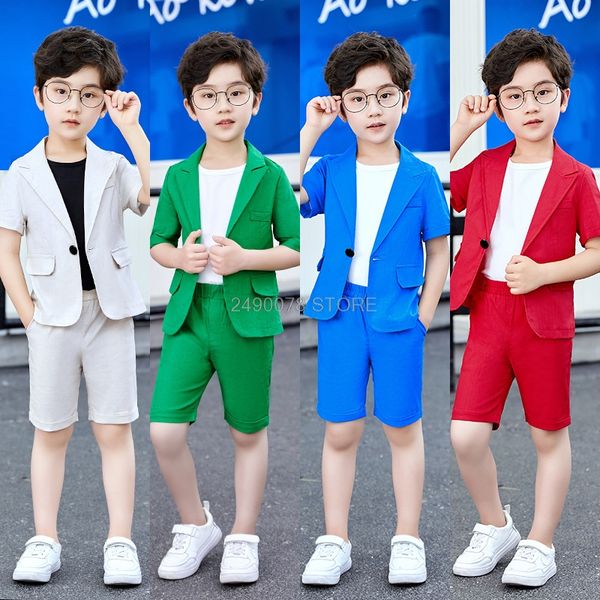 

boys summer blazer +shorts 2pcs clothing set kids formal wedding birthday dress children piano prom dance performance costume, White
