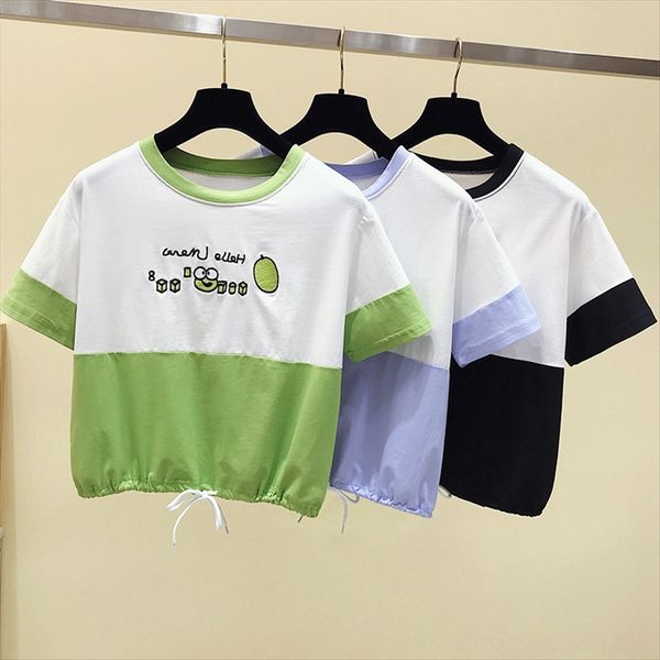 

short-sleeved embroidery t-shirt female 2020 all-match loose student color matching hem drawstring short embroidered jacket short jacket top, White