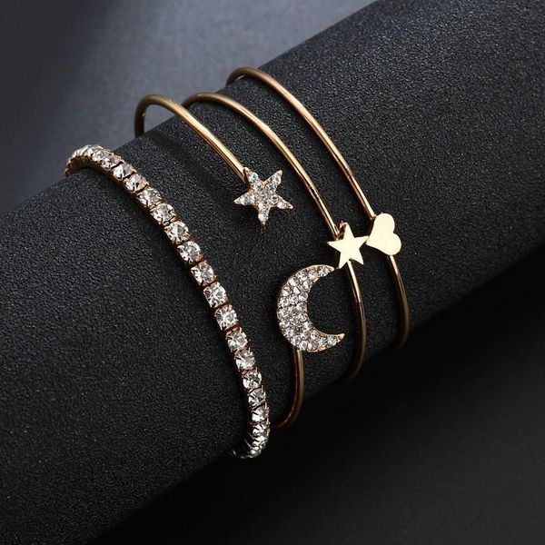 

4 pc/set women crystal gold silver bracelet set hand chain for ladies girls shiny star moon heart rhinestones chain bracelets, Black
