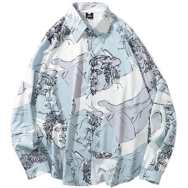 

hip hop свободные рубашки мужчины уличная 2020 весна персонажи печать гавайке крупногабаритные лето harajuku с длинным рукавом, White;black