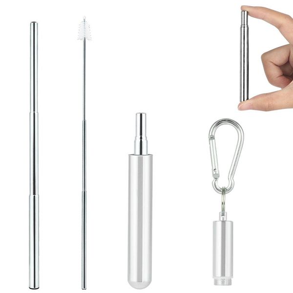 

telescopic straw pocket stainless steel collapsible straw portable reusable metal straws with aluminum case & carabiner and cleaning brush