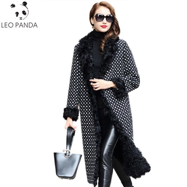 

luxury women's natural lamb fur liner woolen tweed coat 2018 female plus size long dot warm winter jacket women woolen coats, Black