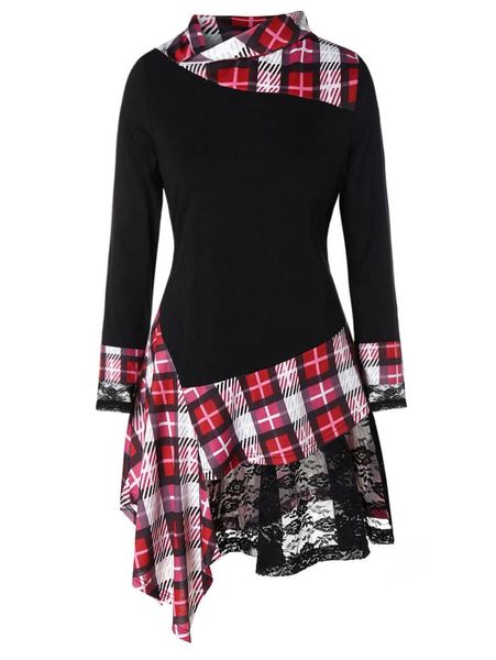 

plus size plaid lace insert irregular hem t-shirt casual women high low hem long tee fall spring t shirts women clothes, White