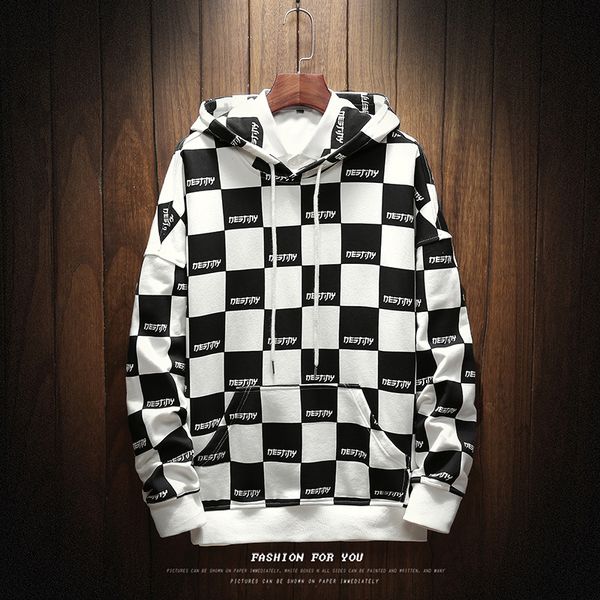 

autumn new grid printed hoodies women/men long sleeve hooded sweatshirts fashion casual male hoodies trendy streetwear, Black