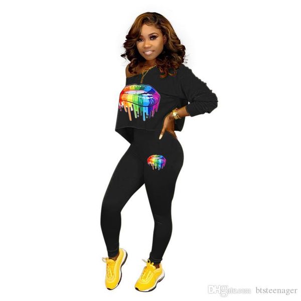 

piece pants fashion lgbt rainbow colors lip print 2pcs sets sloping shoulder clothing womens designer two, White