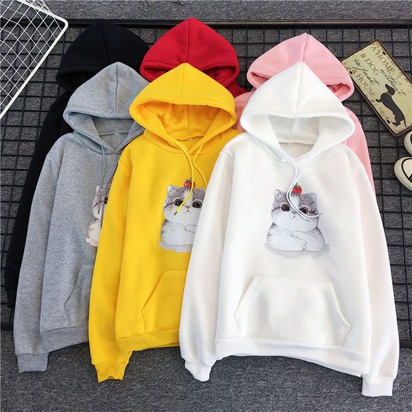 

hoody women long sleeve student hoodie winter warm plush coat sweet print cat black sweatshirts 2019 big streetwear clothes