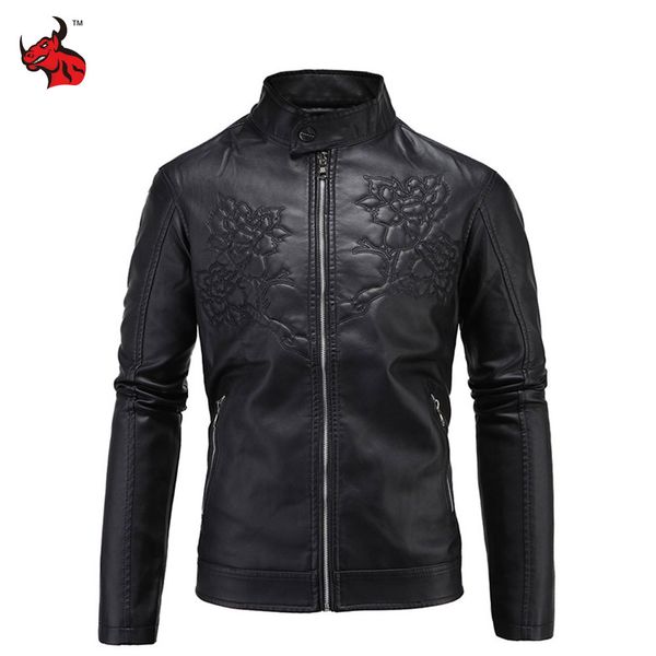 

новые мотоциклетная куртка ретро винтаж pu кожаные куртки мужчины тиснением цветочная одежда мотоцикла slim fit мото куртка