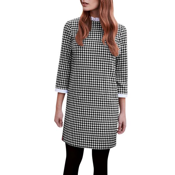 

women casual turtleneck plaid dress 3/4 sleeve ruffle mini dress, Black;gray