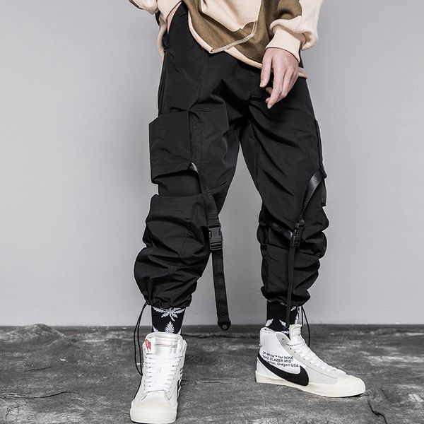 

men ribbons color block black pocket cargo pants 2019 ribbon harem joggers harajuku sweatpant hip hop trousers