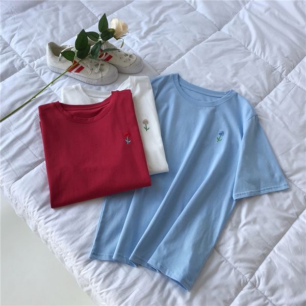 

summer 2020 women's sweatshirt sweatshirt embroidery flower short-sleeved t-shirt versatile round collar women's pullover sports t, White