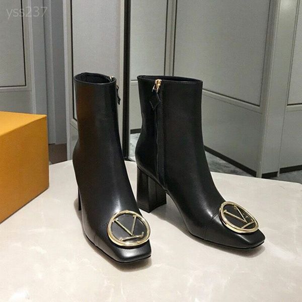 

european station high heel short boots women's european and american thick heel side zipper single boots classic black temperament clas
