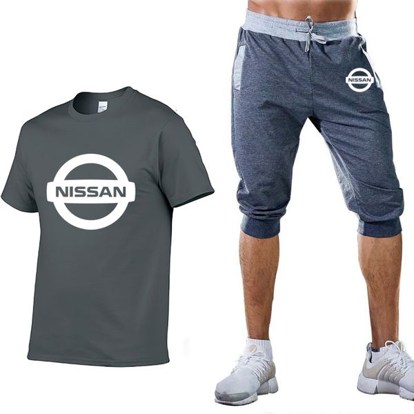 

summer mens short sets nissan car logo printing casual cotton short sleeve round neck men's t-shirt+pants 2 piece suit, Gray