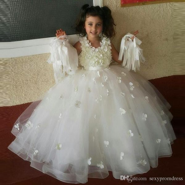 Elfenbein-Ballkleid Blumenmädchenkleider für Hochzeit Flora-Applikationen Sleeveless Girls Pageant-Kleider Bodenlangen Kinder Formale Partykleid