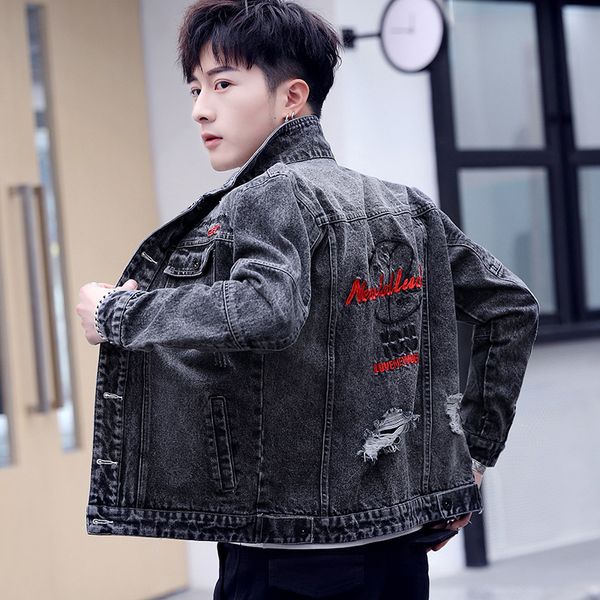 

embroidery jacket men's spring autumn korean 2019 new slim men's denim jacket handsome streetwear letter printed student clothes, Black;brown