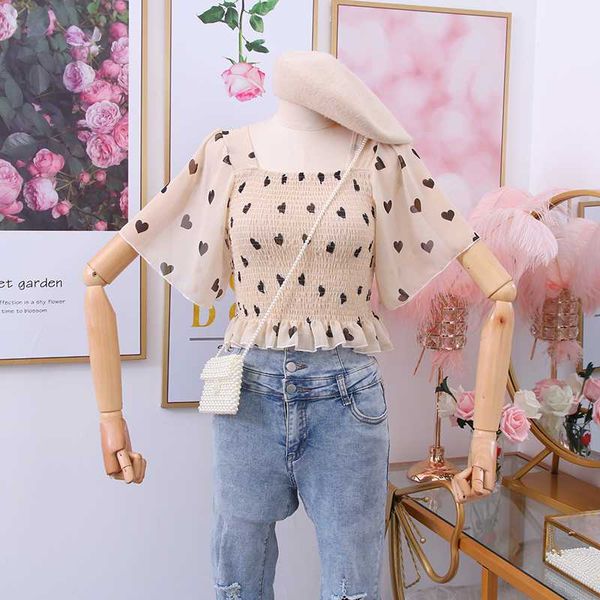 

2020 new sweet wild love floral print square collar fold slim thin short chiffon shirt women, White