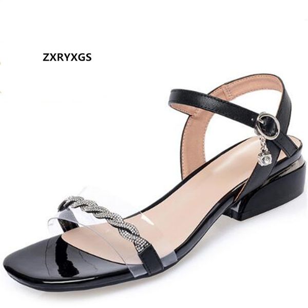 

sandals zxryxgs open shoes woman genuine leather rhinestones fashion 2021 low heel womens large size, Black
