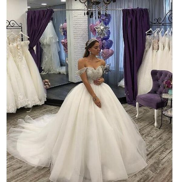 

princess white tulle ball gown off shoulder wedding dresses with sleeve silver beading sweep train cinderella wedding dress robe de soiree