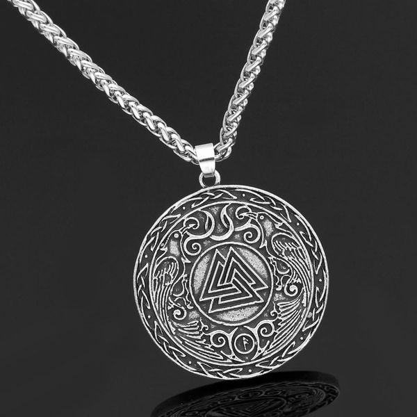 

ravens odin valknut symbol nordic amulet talisman jewelry viking necklace fleur de vie on back, Silver