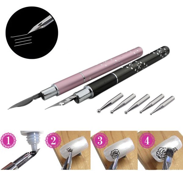 

nail art flower line tip dotting pen with 5 drill points acrylic drawing painting uv gel polish diy manicure tool set ss, Silver