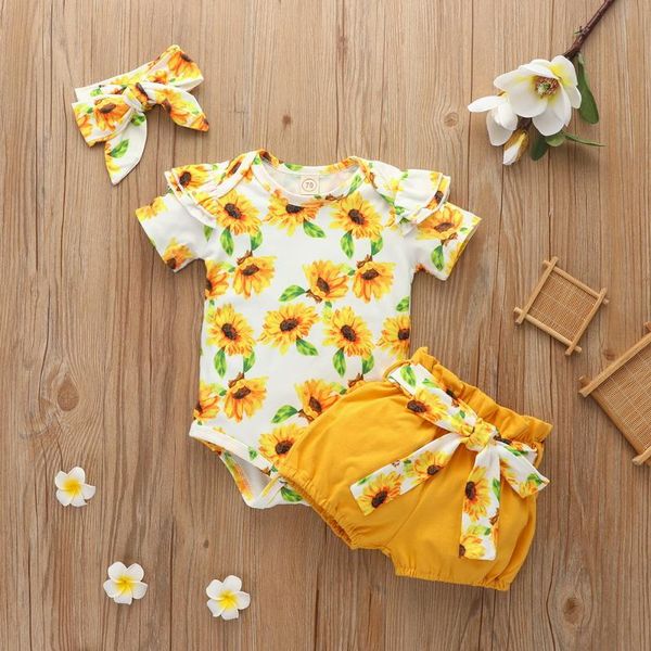 

new baby summer clothing newborn baby girl sunflower jumpsuit clothes bodysuit headband backless outfits headband d30, White