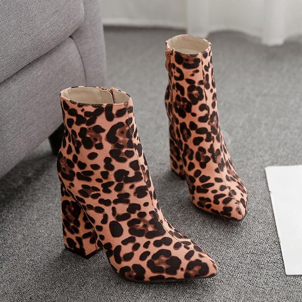 

women boots 2019 autumn & winter pointed toe women boots zipper thick ankle high heel shoes leopard party high heels, Black