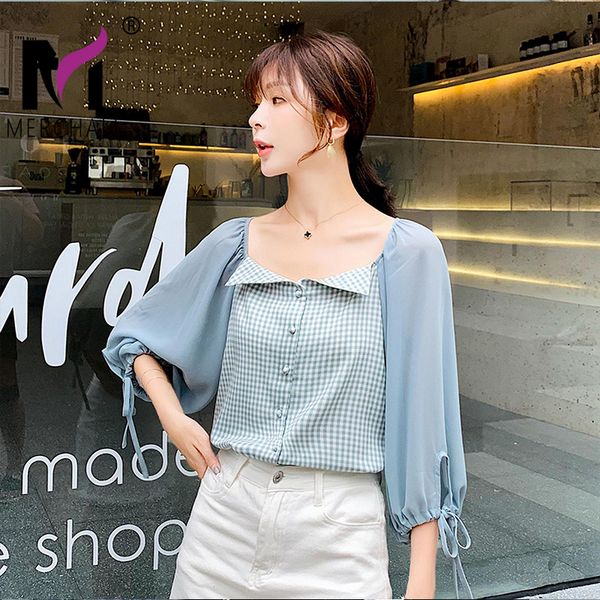 

2020 autumn new women's chiffon blouse plaid turn-down collar three quarter sleeve bow tie single breasted casual sweet, White
