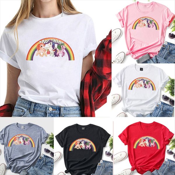 

cotton rainbow horse t-shirt rainbow horse printed women's t-shirt women's short sleeve, White