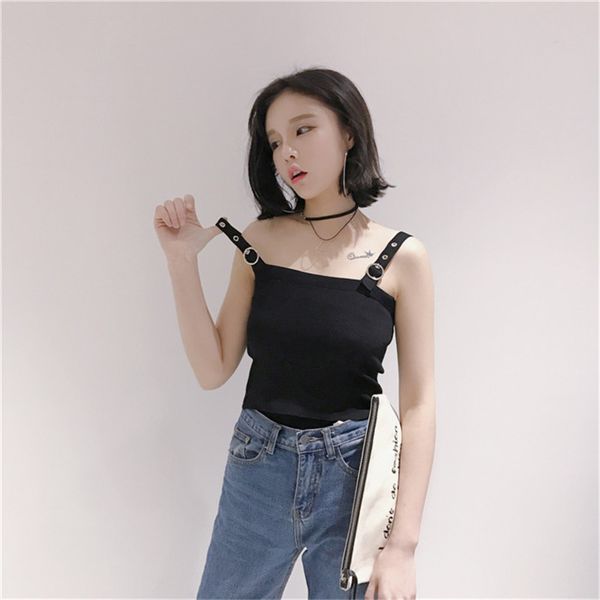 

casual black summer style short spaghetti strap off shoulder trend temperament ladies women's clothing camis, White