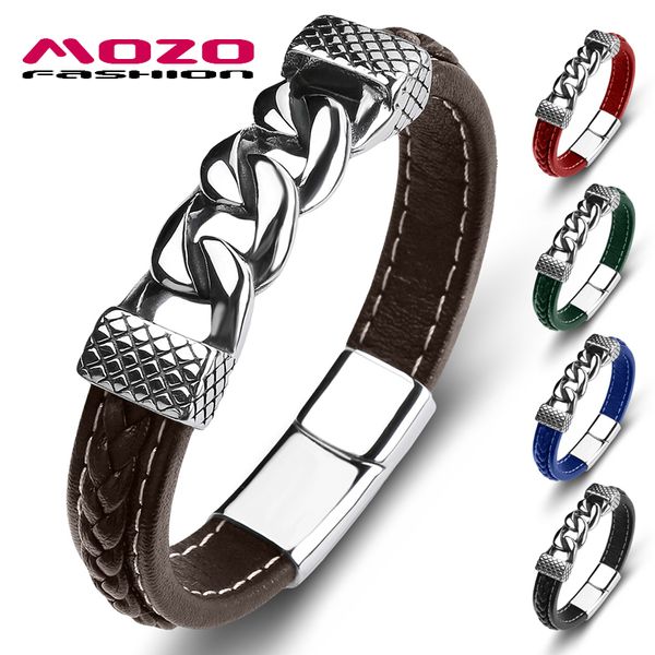 

new punk men's bracelet genuine leather stainless steel charm bracelet women's fashion jewelry bangles brown, Golden;silver