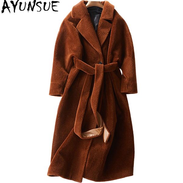 

ayunsue sheep shearing overcoat women 2018 real fur coat female jacket long winter warm lamb fur coats casaco feminino wyq780, Black