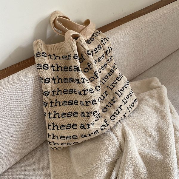 

2019 winter wool knitted women's tote bag casual cotton woven simple shoulder bag large capacity letter print women handbag