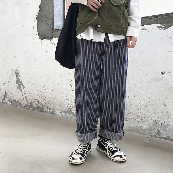 

men's casual pants 2019 autumn and winter new striped casual wild straight trousers youth personality trend men's clothing, Black