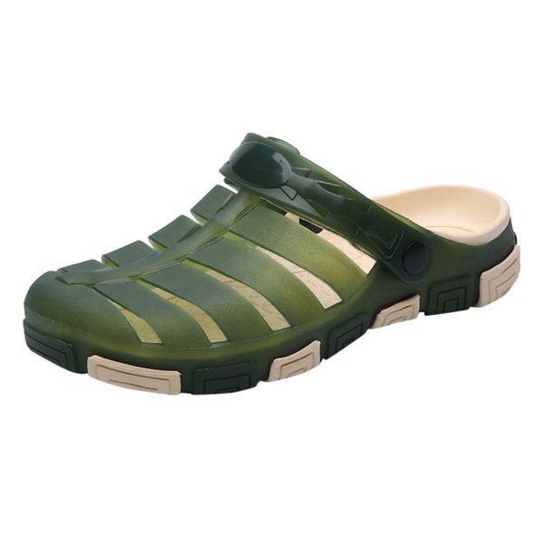 

hollow out round cover toe men's solid color sandals lightweight breathable male large size beach shoes non-slip hole shoes, Black