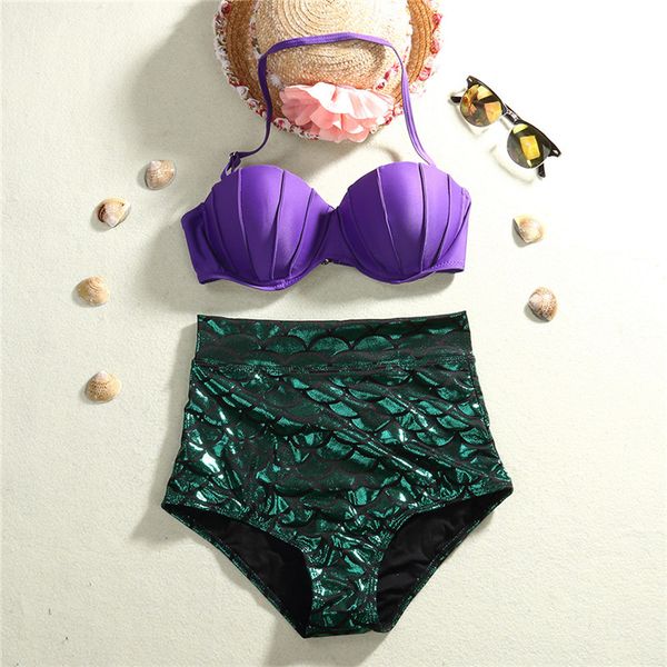 

2016 retro mermaid swimsuit underwire push up high waist bikini set women swimwear cosplay bathing suits biquni
