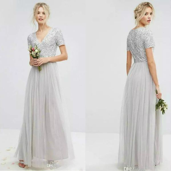 

2019 country sequins bridesmaid dresses silver v neck short sleeve beach boho maid of honor bridesmaids gowns, White;pink