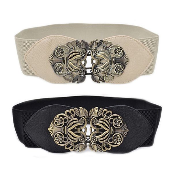 

2pcs women's retro flower elastic stretch buckle wide waist belt waistband - black & beige, Black;brown