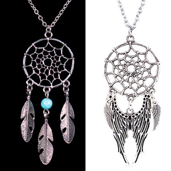 

women ethnic feather wing pendant dream catcher charm chain necklace, Silver