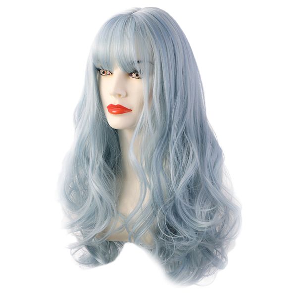 

22 inch natural blue wigs with bangs heat resistant medium long hair wig, Black