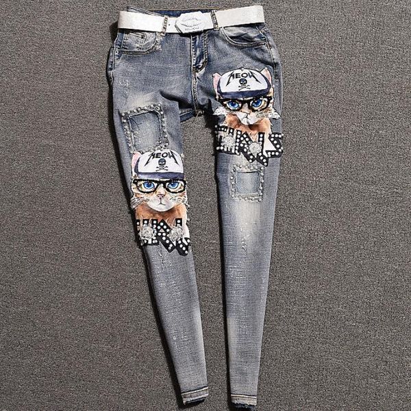 

мода бисером мультфильм джинсы женщины 2019 весна осень блестками узкие джинсы карандаш плюс размер, Blue