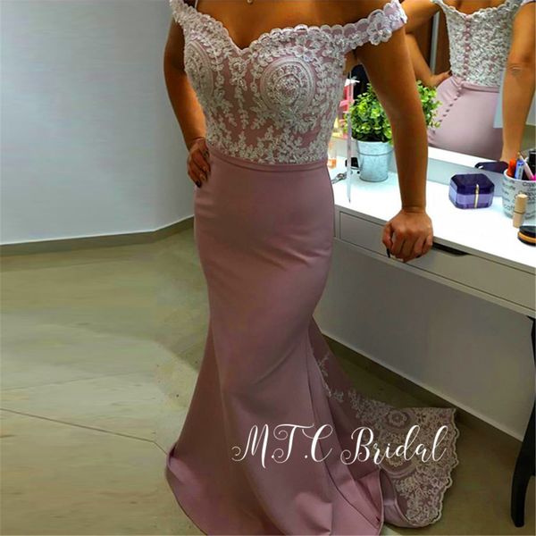 

dusty rose mermaid evening dress with white lace 2019 real ps off the shoulder elastic satin long elegant women prom dresses, White;black