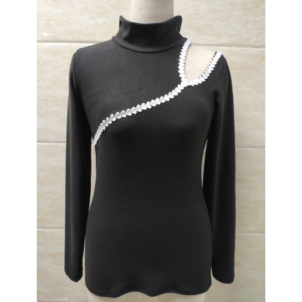 

мода весна футболка с длинным рукавом водолазка cut out black top, White
