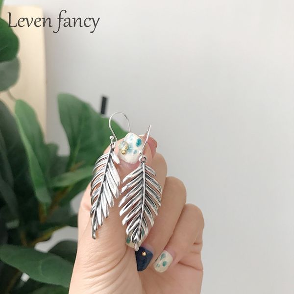 

925 sterling silver drop earrings leaves dangle earring for women girls handmade unique jewelry gift vintage retro leaf earring, Golden;silver