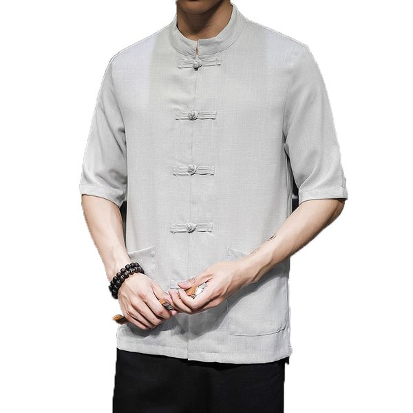 

2019 men's summer shirt cotton linen casual slim stand collar plus size solid color comfortable men's streetwear -5xl, White;black
