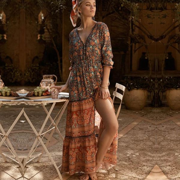 

yinlinhe floral bohemian long maxi dress women long sleeve button beach/summer dress v neck kimonos loose vestido 837, Black;gray
