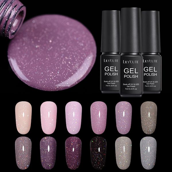 

lilycute 7ml nail glitter uv gel polish shiny grey purple colors soak off long lasting uv gel nail art paint varnish, Red;pink